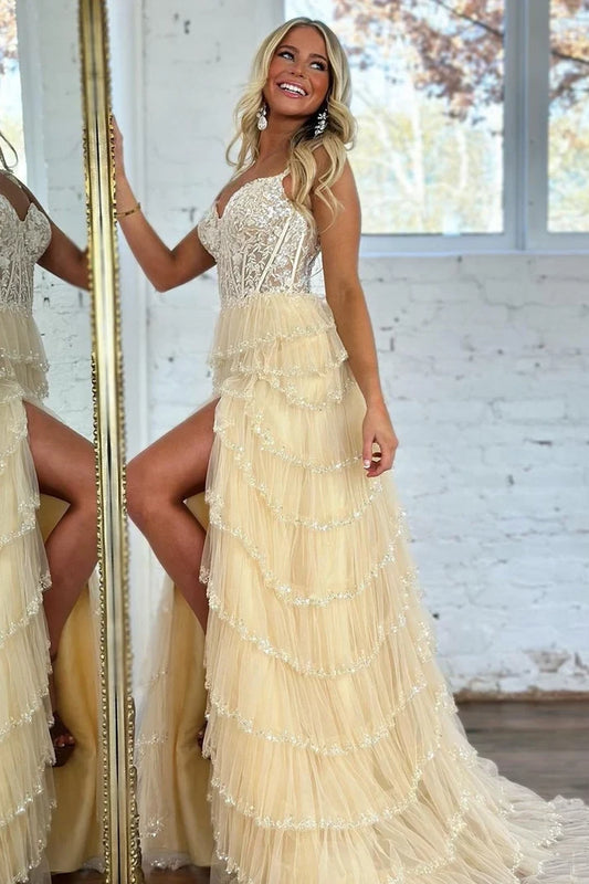 Sparkly A-Line Sweetheart Sleeveless Tiered Ruffle Lace Tulle Floor-Length Prom Dress With Slit