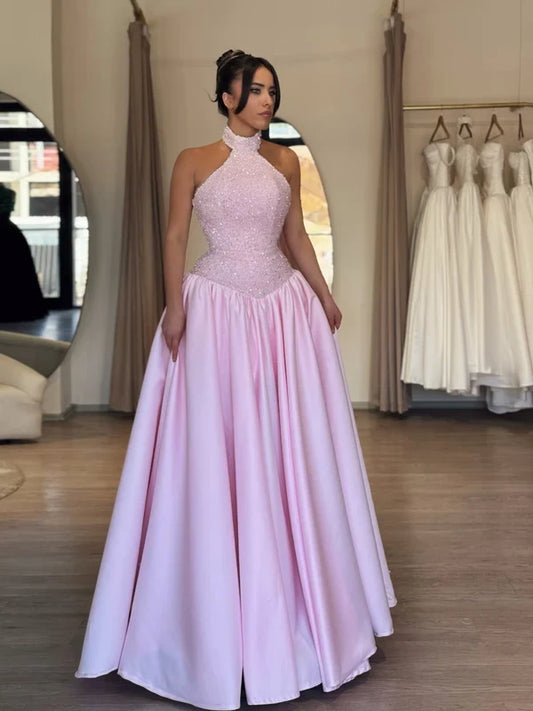 Sparkly A Line Halter Sleeveless Sequin Pink Floor-Length Prom Dress