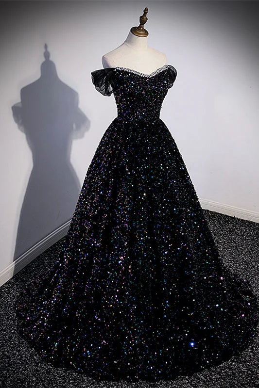 Sparkly Ball Gown Off-the-Shoulder Puff Sleeve Sequin Embellished Black Floor-Length Prom Dress