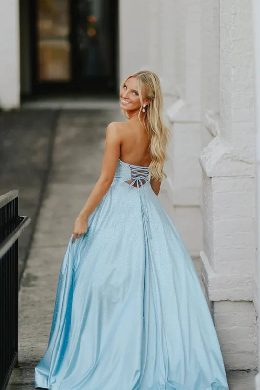 Sparkly Ball Gown Sweetheart Sleeveless Cutout Waist Beaded Satin Sky Blue Floor-Length Prom Dress