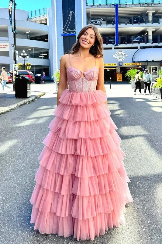 Sparkly Ball Gown Sweetheart Sleeveless Tiered Ruffle Tulle Blushing Pink Floor-Length Prom Dress