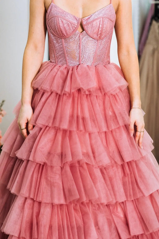 Sparkly Ball Gown Sweetheart Sleeveless Tiered Ruffle Tulle Blushing Pink Floor-Length Prom Dress