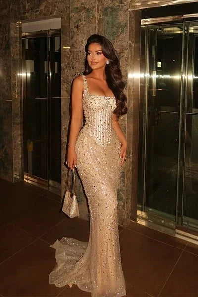 Sparkly Mermaid Square Sleeveless Embellished Sequin Champagne Floor-Length Prom Dress
