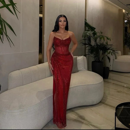 Sparkly Mermaid Strapless Sleeveless High Slit Floor-Length Prom Dress