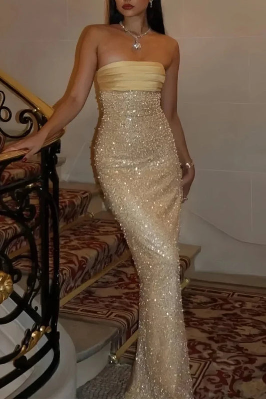 Sparkly Mermaid Strapless Sleeveless Sequin Embellished Floor-Length Prom Dress