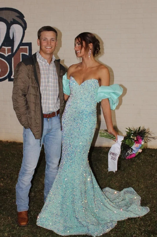 Sparkly Mermaid Sweetheart Neck Short Sleeve Sequin Long Formal Prom Dress