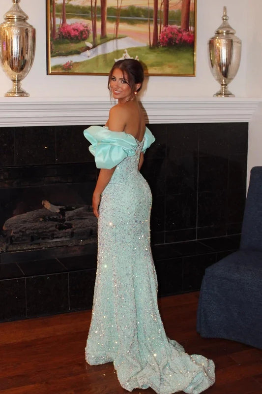 Sparkly Mermaid Sweetheart Neck Short Sleeve Sequin Long Formal Prom Dress