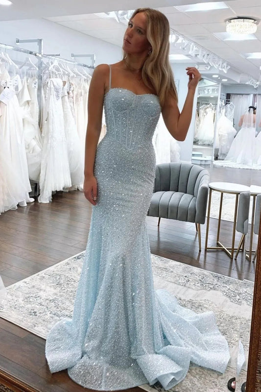Sparkly Mermaid Sweetheart Sleeveless Beaded Sequin Sky Blue Floor-Length Prom Dress
