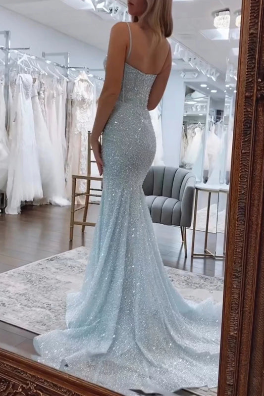 Sparkly Mermaid Sweetheart Sleeveless Beaded Sequin Sky Blue Floor-Length Prom Dress