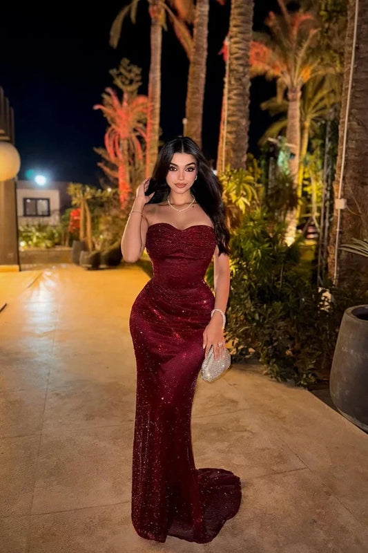 Sparkly Mermaid Sweetheart Sleeveless Glittering Burgundy Floor-Length Prom Dress