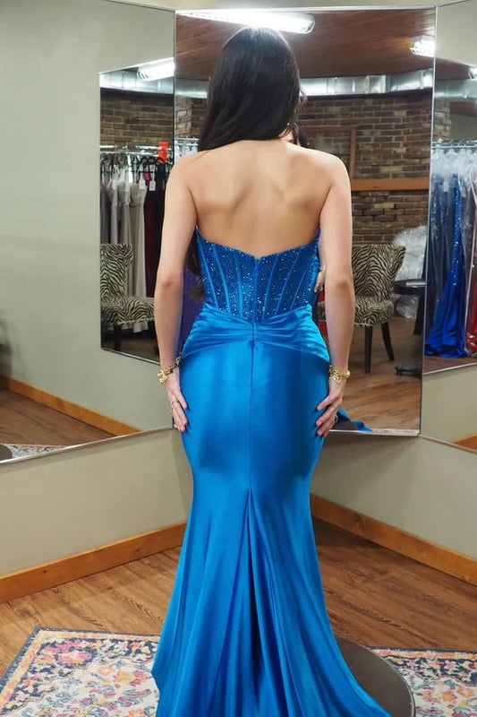 Sparkly Mermaid Sweetheart Sleeveless Ruched Satin Royal Blue Floor-Length Prom Dress