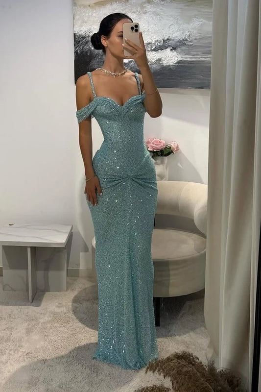 Sparkly Mermaid Sweetheart Sleeveless Ruched Waist Sequin Floor-Length Prom Dress