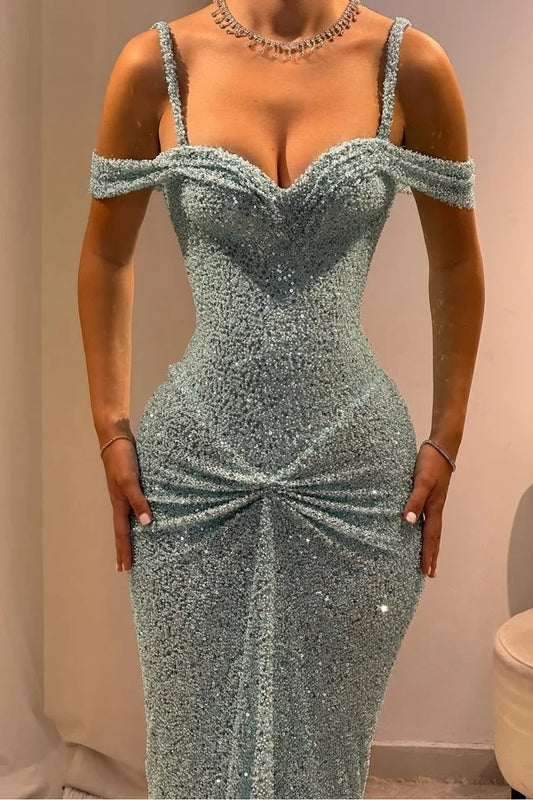 Sparkly Mermaid Sweetheart Sleeveless Ruched Waist Sequin Floor-Length Prom Dress
