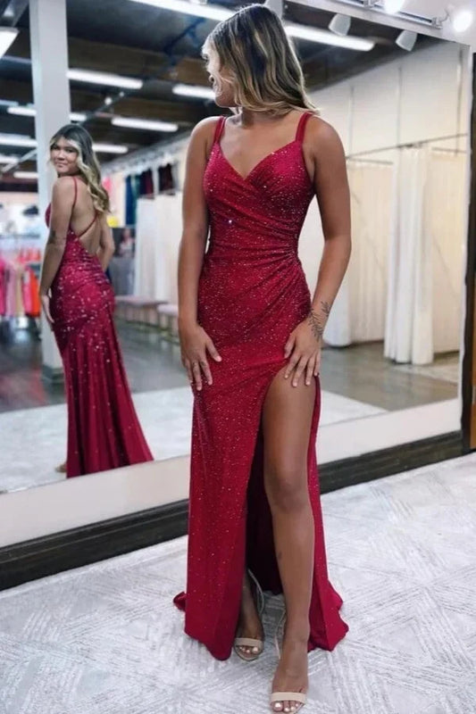 Sparkly Mermaid V-Neck Sleeveless Beaded Burgundy Floor-Length Prom Dress With Slit