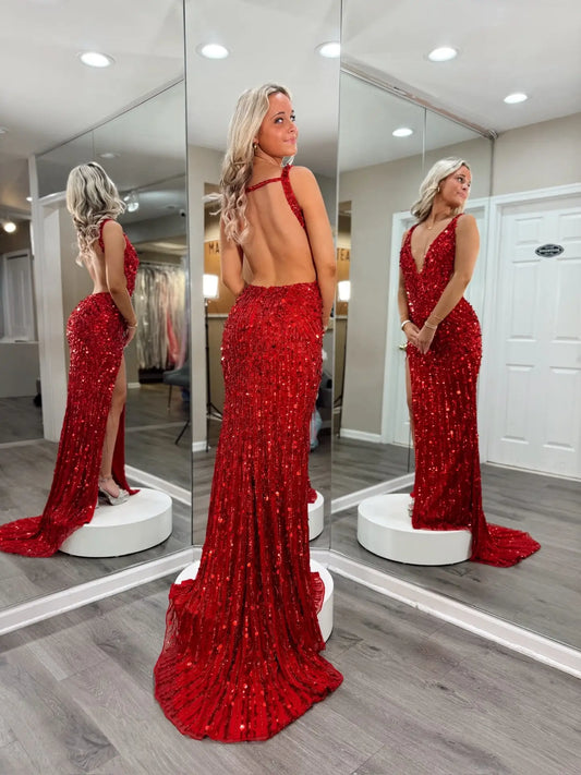 Sparkly Mermaid V-Neck Sleeveless High Slit Open Back Sequin Red Floor-Length Prom Dress