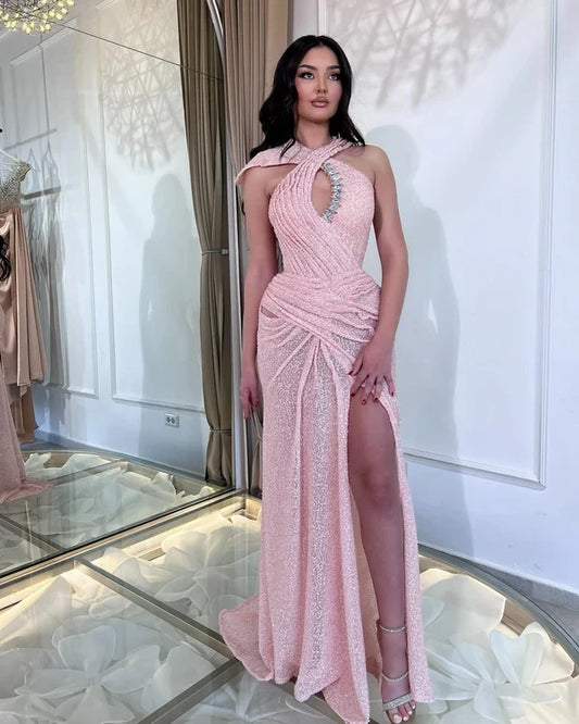Sparkly Sheath Halter Sleeveless Slit Ruched Pink Floor-Length Prom Dress