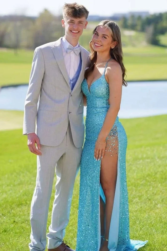 Sparkly Sheath Spaghetti Straps Sleeveless High Slit Lace-Up Back Sequin Floor-Length Prom Dress