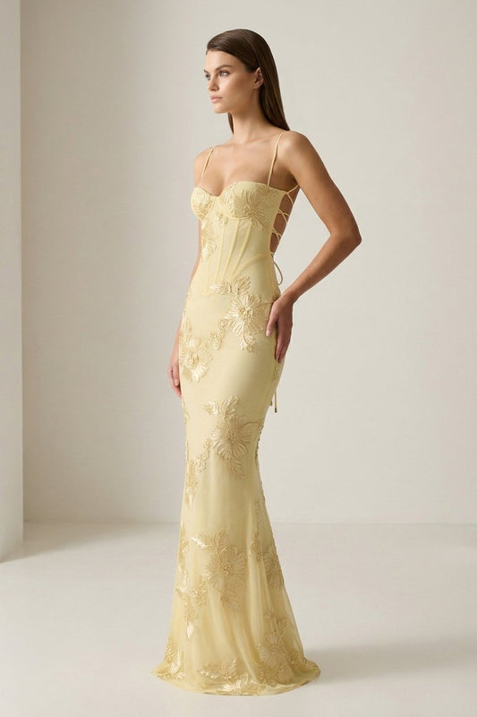 Yellow Floral Mermaid Sweetheart Spaghetti Lace‑up Long Prom Dress ViNock