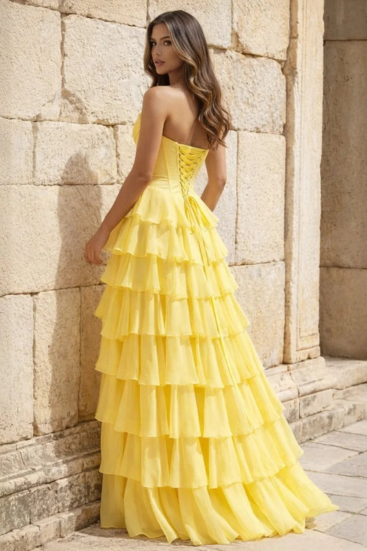 Elegant Strapless A-Line Ruffle Yellow Long Prom Dress With Split