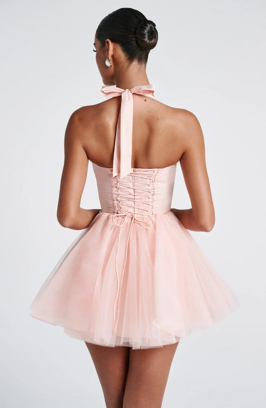 Charming A-Line Halter Sweetheart Sleeveless Bow Detail Corset Tulle Blushing Pink Short Homecoming Dress