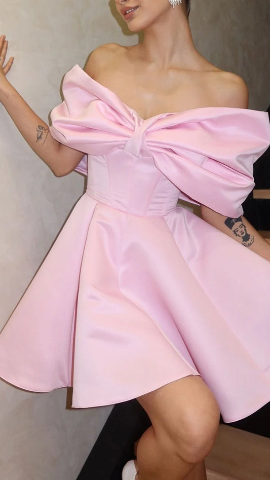 Charming A-Line Off-the-Shoulder Big Bow Detail Satin Pink Short Homecoming Dress
