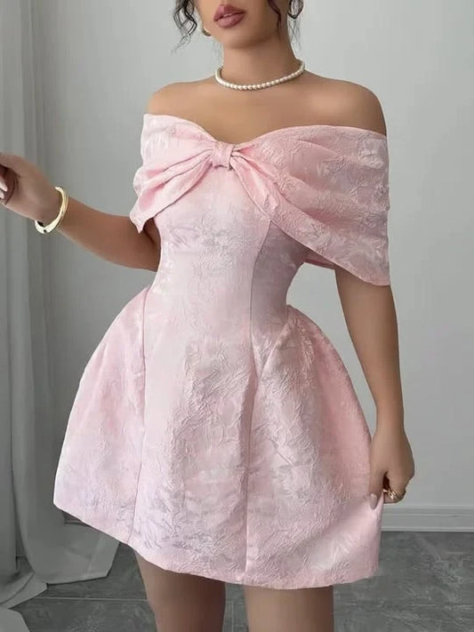 Charming A-Line Off-the-Shoulder Short Sleeve Big Bow Satin Short Homecoming Party Dress
