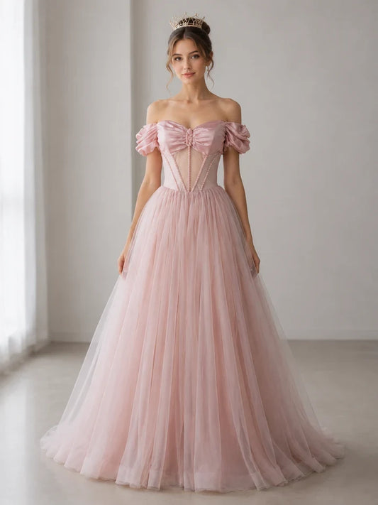 Charming A-Line Off-the-Shoulder Sweetheart Puff Sleeve Tulle Floor-Length Prom Dress