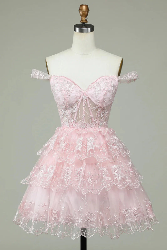 Charming A-Line Off-the-Shoulder Sweetheart Sleeveless Layered Lace Applique Short Homecoming Dress