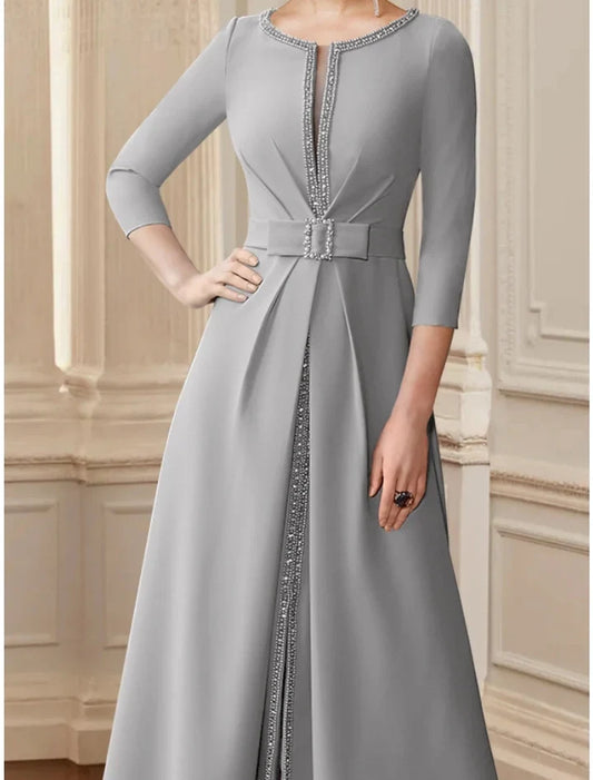 Charming A-Line Scoop 3/4 Sleeve Embellished Belted Tea-Length Mother of the Bride Dress