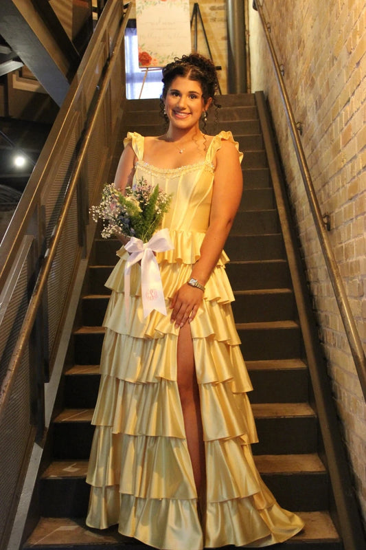 Charming A-Line Scoop Cap Sleeve Tiered Ruffle Slit Satin Daffodil Floor-Length Prom Dress
