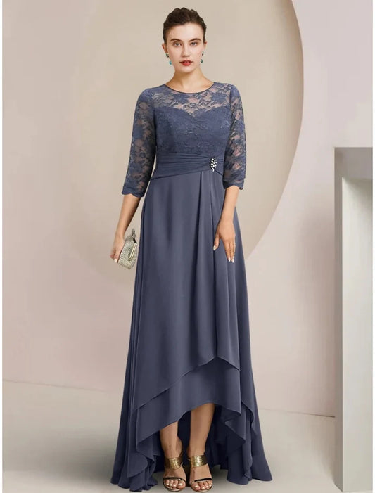 Charming A-Line Scoop Half Sleeve Lace Chiffon High Low Mother Of The Bride Dress