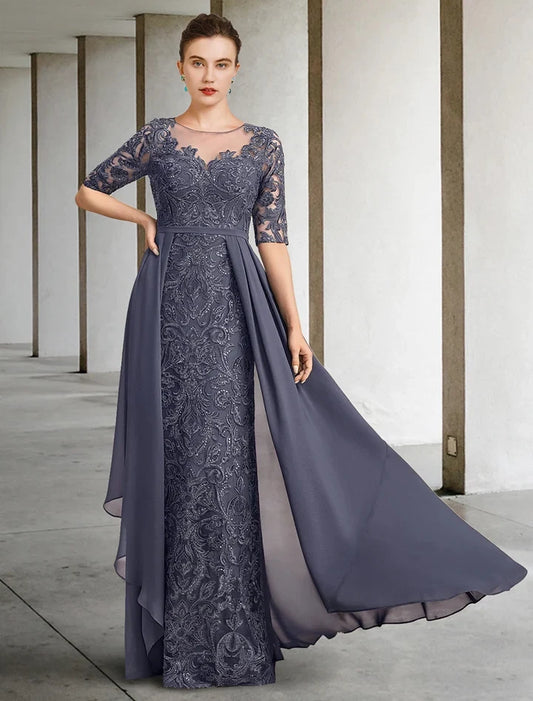 Charming A-Line Scoop Half Sleeve Lace Overlay Chiffon Floor-Length Mother of the Bride Dress
