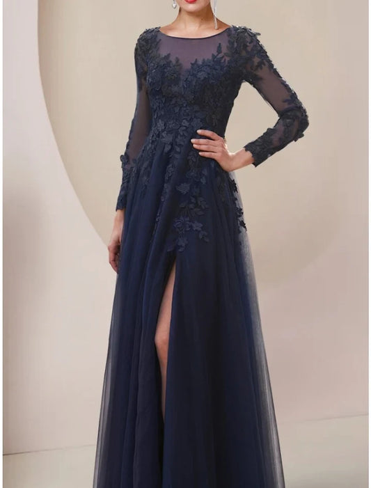 Charming A-Line Scoop Long Sleeve Lace Tulle Floor-Length Mother of the Bride Dress with Appliques