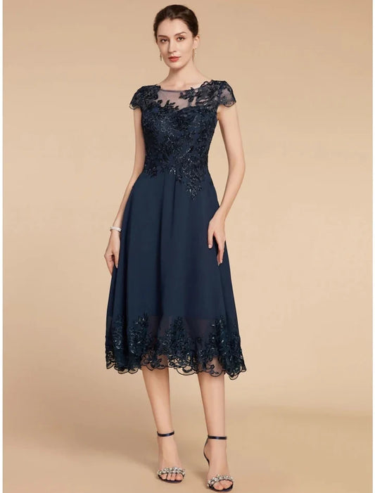 Charming A-Line Scoop Neck Cap Sleeve Embellished Lace Tea-Length Mother of the Bride Dress