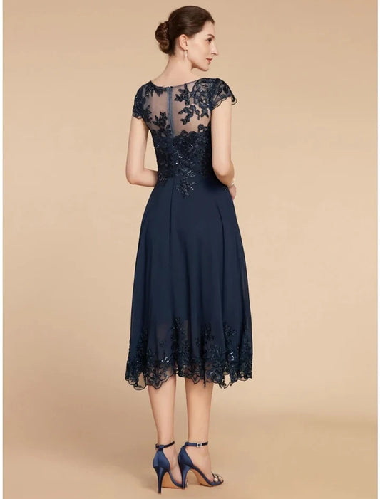 Charming A-Line Scoop Neck Cap Sleeve Embellished Lace Tea-Length Mother of the Bride Dress