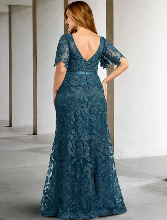 Charming A-Line Scoop Short Sleeve Embroidered Lace Floor-Length Mother of the Bride Dress