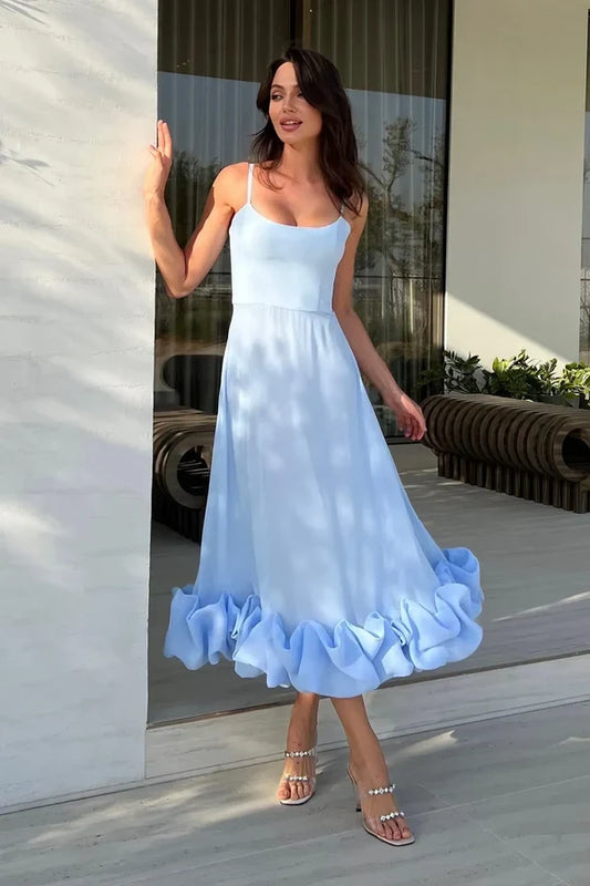 Charming A-Line Spaghetti Straps Scoop Sleeveless Ruffled Hem Sky Blue Tea-Length Party Dress