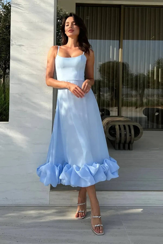 Charming A-Line Spaghetti Straps Scoop Sleeveless Ruffled Hem Sky Blue Tea-Length Party Dress