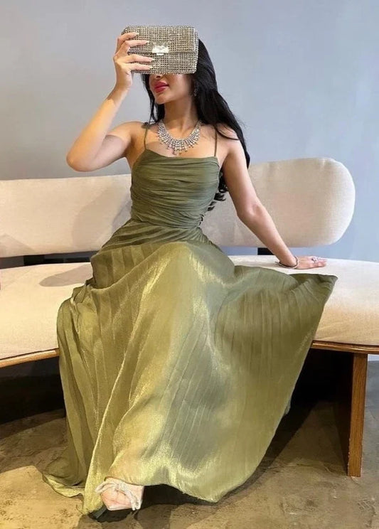 Charming A-Line Spaghetti Straps Sleeveless Draped Pleated Long Prom Dress