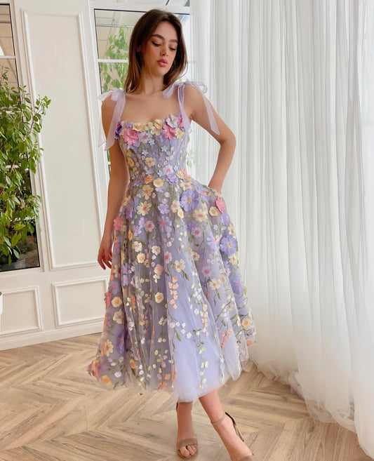 Charming A-Line Spaghetti Straps Sleeveless Floral Embroidered Tulle Lavender Tea-Length Homecoming Party Dress