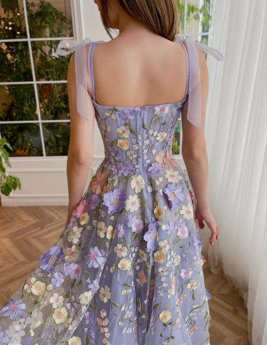 Charming A-Line Spaghetti Straps Sleeveless Floral Embroidered Tulle Lavender Tea-Length Homecoming Party Dress