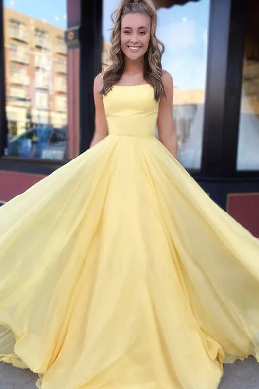 Charming A-Line Spaghetti Straps Sleeveless Lace-Up Yellow Chiffon Floor-Length Prom Dress