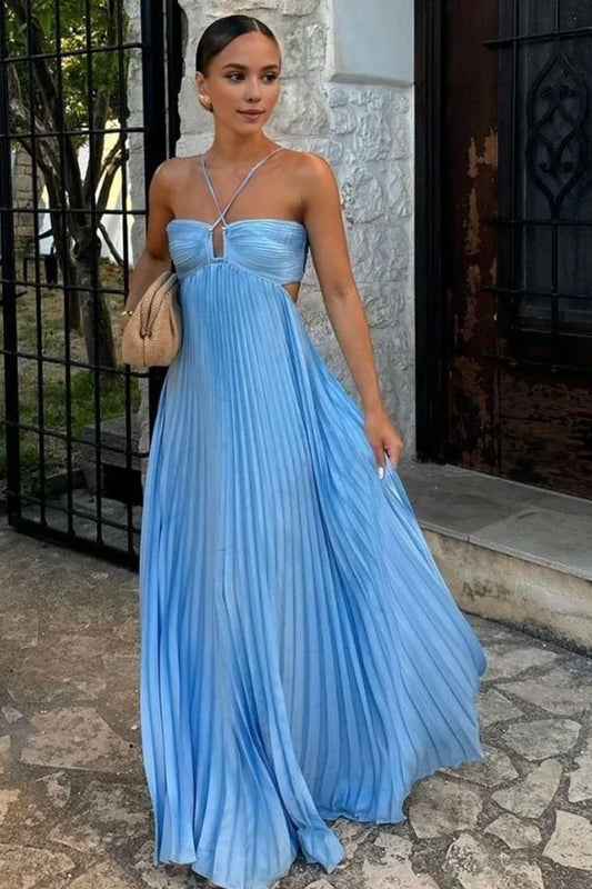 Charming A-Line Spaghetti Straps Sleeveless Pleated Cutout Backless Blue Floor-Length Prom Dress