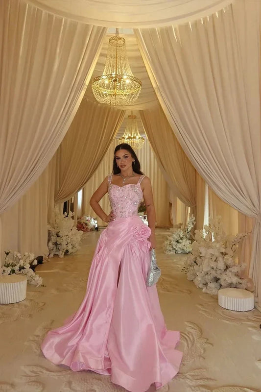 Charming A-Line Square Sleeveless Beaded Draped Satin Pink Floor-Length Prom Dress