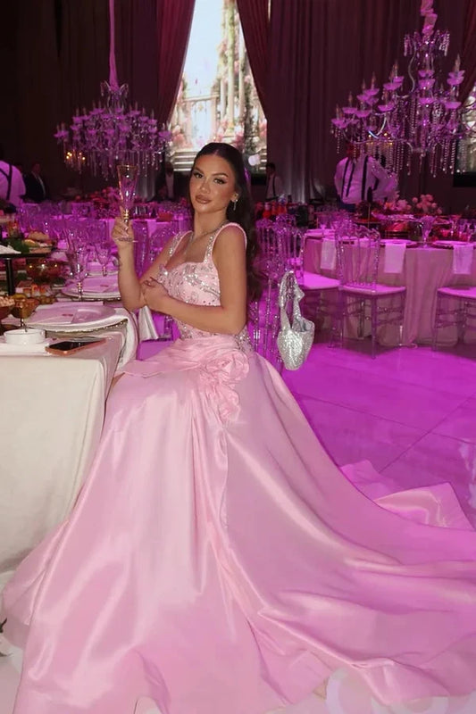 Charming A-Line Square Sleeveless Beaded Draped Satin Pink Floor-Length Prom Dress