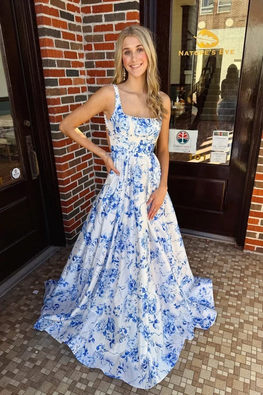 Charming A-Line Square Sleeveless Floral Printed Open Back White Blue Floor-Length Prom Dress
