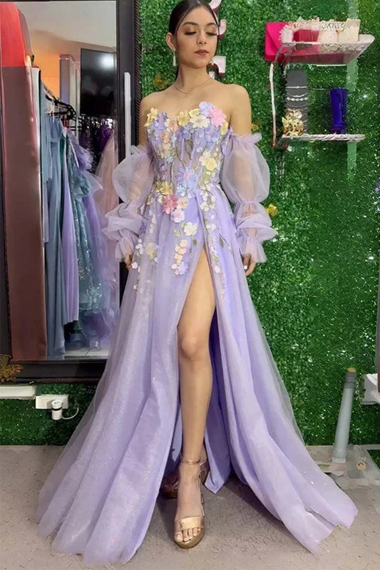 Charming A-Line Strapless Off-the-Shoulder 3D Floral Applique Tulle Lavender Floor-Length Prom Dress