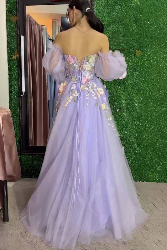 Charming A-Line Strapless Off-the-Shoulder 3D Floral Applique Tulle Lavender Floor-Length Prom Dress