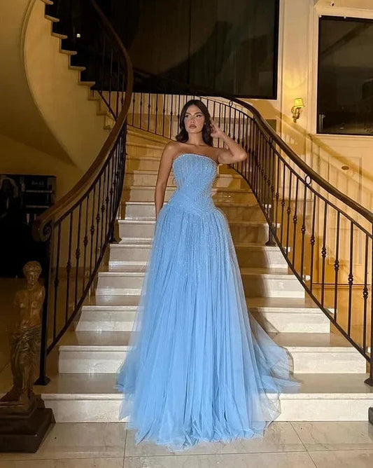 Charming A-Line Strapless Sleeveless Beaded Ruched Tulle Sky Blue Floor-Length Prom Dress