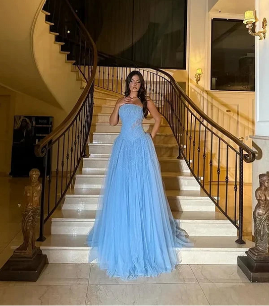 Charming A-Line Strapless Sleeveless Beaded Ruched Tulle Sky Blue Floor-Length Prom Dress